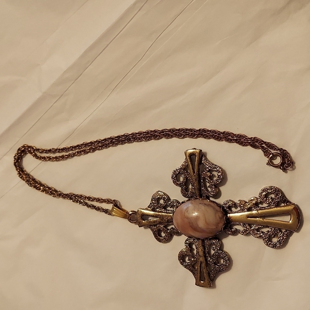 Vintage Pink Petrified Wood Cross Necklace
